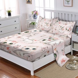 XYNHML Kids Cartoon Cat Sheet Full 4Pcs Pink White Cat Butterflies Bedding Set for Teens Kids Boys Girls Adults Kawaii Bedspread Flower Bed Set with 1 Flat Sheet and 1 Fitted Sheet+2 Pillowcases