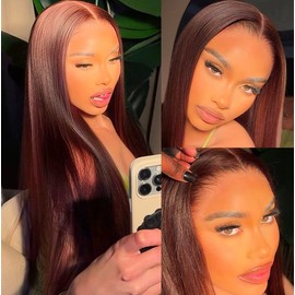 ANDRIA 13X4 HD Lace Front Wigs Chocolate Brown Straight Hair Glueless Lace Wigs 200% Density Brown Long Straight Natural Wig Pre Plucked Lace Frontal Wigs With Baby Hair For Black Women 32 Inches