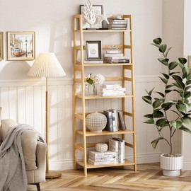 vovala Ladder Shelf, 5-Tier Bookshelf, All Bamboo Heavy Duty Bookcase, Freestanding Open Wood Storage Rack, Modern Corner Display Plant Stand for Living Room, Home Office, Bathroom, Bedroom, Natural