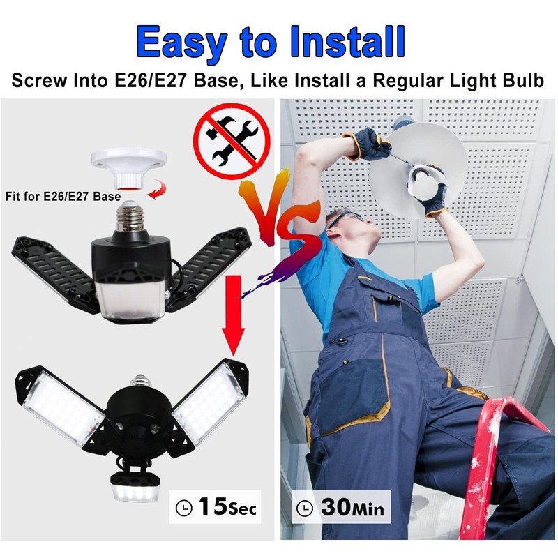 LED Garage Light, 80W 8000 Lumen Ceiling Lights with 3
