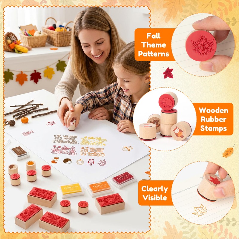 15Pcs Fall Wooden Rubber Stamps Set Autumn DIY Craft Card