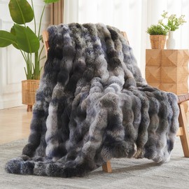 NEWCOSPLAY Faux Fur Throw Blanket Tie-dye Grey Luxury Fluffy Thick Warm Bubble Blanket for Couch Sofa Bed 700GSM (Tie-dye Grey Bubble, Throw(50"x60"))