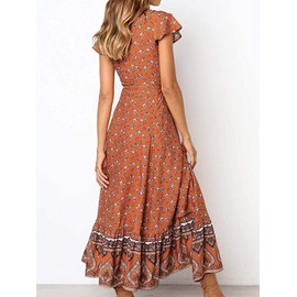 R.Vivimos Women's Summer Short Sleeve Floral Print Bohemian Beach Waist Tie Wrap Long Flowy Dress with Slit (Small, Burnt Orange)