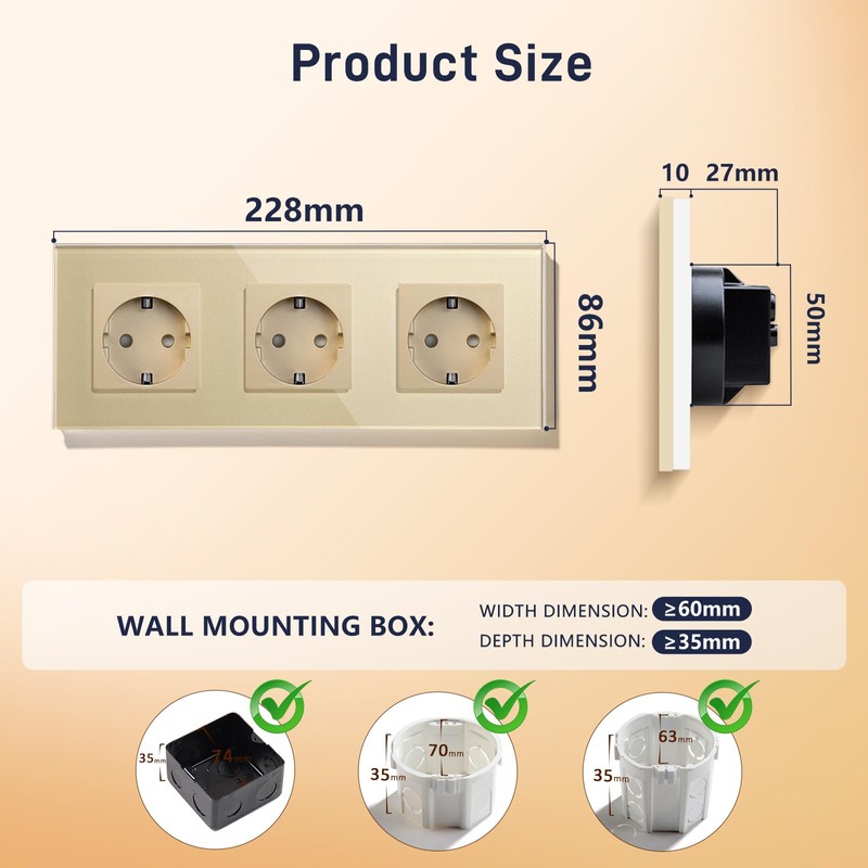 BSEED Glass Schuko Socket, 3-Way Crystal Glass Panel Socket, Triple