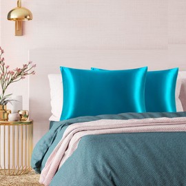 PiccoCasa Satin Pillowcases for Hair and Skin with Eye Mask and Scrunchie Soft Pillowcase 2 Pack Zipper Closure Silky Bed Pillow Covers Set for Sleeping Peacock Blue 50 x 75cm