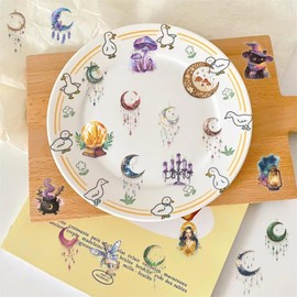 100PCS Cute Magic Moon Transparent Stickers Pack,Magical Witchcraft Sticker with Crystals,Witches,Owls, Potions,Cauldrons,Waterproof Vinyl PET Dreamcatcher Stickers for Scrapbook Party Favors