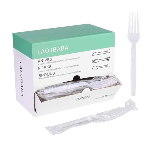 Laojbaba Plastic Forks Disposable Individually Packaged Forks White 7-Inch Commercial Take Away Forks,Super Hard Mass Heavy Individually Wrapped Forks 100 PCS