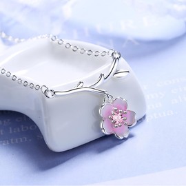 Hudiepan Cherry Blossom Necklace, Pink Crystal Zircon Cherry Blossom Flower Chain, Women's Chain, Cherry Blossom Flower Necklace, Cherry Blossom Pendant Necklace, 45 cm Chain Length, Gift for Women Girls