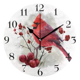 susiyo Watercolor Red Cardinals Bird Wall Clock 9.8 Inch Silent Round Wall Clock Battery Operated Non Ticking Creative Decorative Clock for Kids Living Room Bedroom Office Kitchen Home Decor