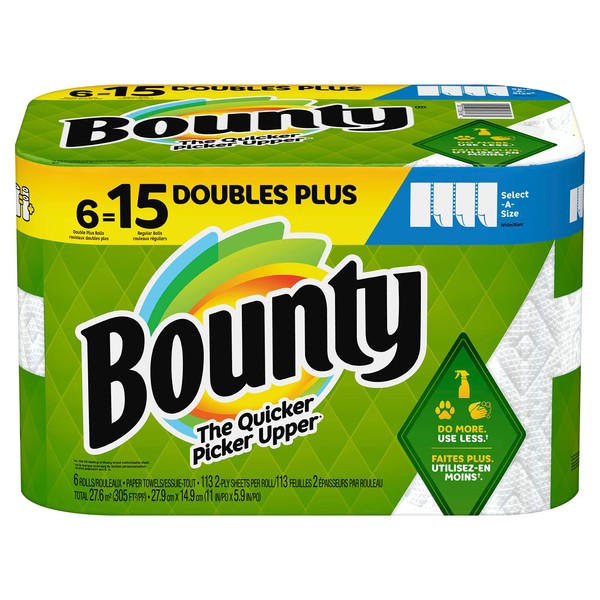 Bounty Select-A-Size Paper Towels, White, 6 Double Plus Rolls = 15 Regular Rolls