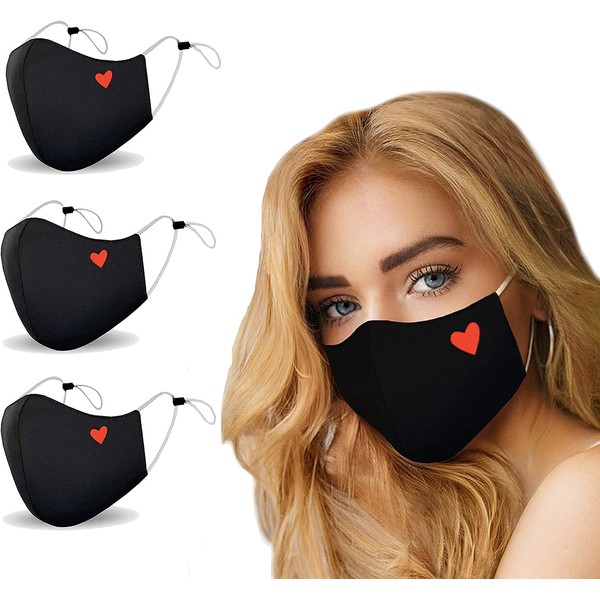 Black with Red Heart Fashion Face Mask, Moisture Wicking , Breathable, Washable, Lightweight, Reusable Comfort Fashion Sport for Women Men Teens 3 Pack