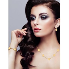 Qinpan Gold Plated Five Leaf Clover Dot Necklace Bracelet and Dangle Earrings Set for Women Lucky Flower Jewelry (Gold-14K Gold Plated)