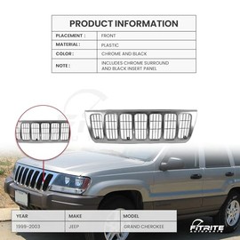 FITRITE AUTO PARTS New Front Grille For 1999-2003 Jeep Grand Cherokee, Made of Plastic, Includes Chrome Surround and Black Insert Panel CH1200234 55155921AC