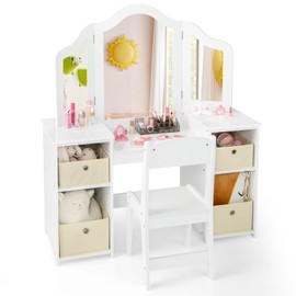 HONEY JOY Kids Vanity, Little Girls Vanity Set with with Mirror and Stool, 4 Storage Bins, Wooden Princess Makeup Dressing Table, Toddler Vanity, Pretend Play Kids Vanity Table and Chair Set (White)