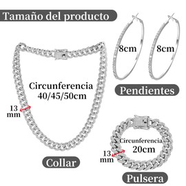 CICINIO Juego de Collar Cadena Eslabones Cubanos para Hombres y Mujeres, Collar,Aretes y Pulsera con Diamante Brillantes, Pendientes de Aro Grandes,Hip Hop Accesorios (20 INCH/50CM)