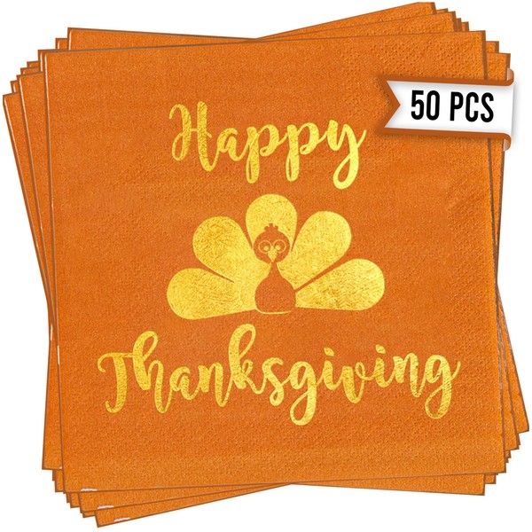 Happy Thanksgiving Napkins, Set of 50 3 Ply 5" x 5" Gold Foil Give Thanks Table Decor, Cocktail Thanksgiving Napkins, Disposable Thanksgiving Napkins, Thanksgiving Dinner Napkins (Happy Thanksgiving)