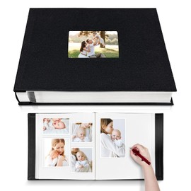 HoneyTolly Large Photo Album Self Adhesive with Picture Display Window, DIY Scrapbook Album for 4x6 8x10 Pictures, 40 Pages Linen Cover Memory Book with Scraper and Metallic Pen(Black)