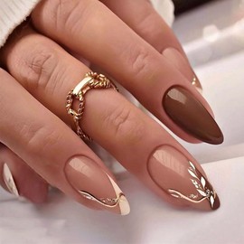 DOCVOEOMH Almond Shaped Press on Nails Short Medium Brown Acrylic Fake Nails with Leaves Design Glue on Glossy Full Cover Artificial Gel False Stick on Nail for Girls Women Wedding Manicure 24Pcs