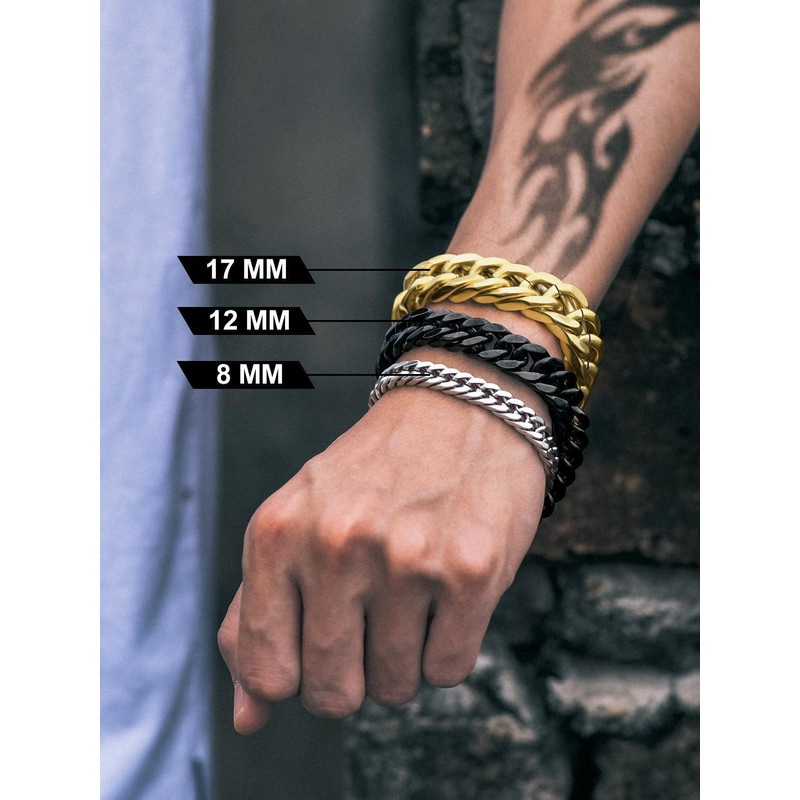 Richsteel 8.2 Inch Black Plated Stainless Steel Curb Chain Bracelet