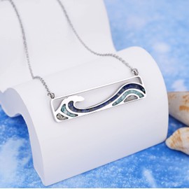 Lauren-Spencer Gemstone Wave Necklace for Women Turquoise Sodalite Tumbled Chips Pendant Necklace Dainty Ocean Wave Bar Necklaces for Women Surfer Beach Jewelry Gifts (Wave Style D-Turquoise+Sodalite+Coral Sand)