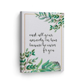 Smile Art Design Cast All Your Anxiety On Him Because He Cares for You Quote Hand Lettering Scripture Wall Art Bible Verse Canvas Print Home Decor Ready to Hang Made in The USA- 12x8