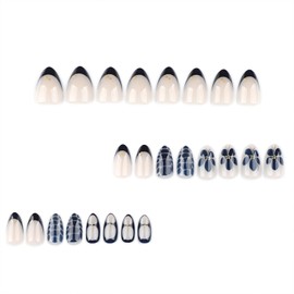 SINHOT Almond Press on Nails - Short Fake Nails, Glossy Finish, Goth Blue Flower & Crocodile Print, DIY Artificial False Nail Art - 24 Pcs Nail Kit with Glue