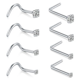 AceFun Nose Studs,8 pieces 20G Nose Rings Studs Nose Stud L Shaped Stainless Steel Diamond Small Nose Stud for Women Men Corkscrew Nose Rings Nose Piercing Studs Screw