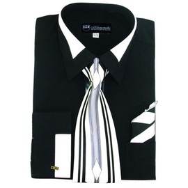 Milano Moda Men's Fashion Dress Shirt With Contrast Design Tie Hankie & Cuffs, Black, 16"-16.5" Neck 34"-35" Sleeve