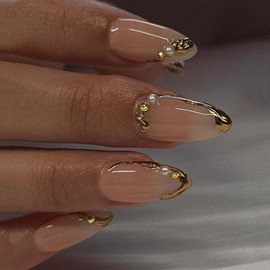 Gold Press on Nails Almond French Fake Nail Gold Edge Full Cover Acrylic Nails Artificial Medium Length False Nails with White Pearl Designs Glossy Nude-pink Pointed Head Glue on Nails for Women