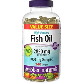 Webber Naturals Aceite de pescado 2850 mg, alta potencia, 1800 mg de omega-3 por porción, 240 cápsulas blandas entéricas transparentes, sin regusto a 