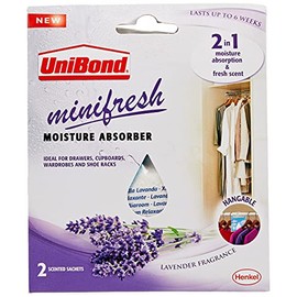 UniBond Minifresh Moisture Absorber, Lavender Fragrance Hangable Sachets, Ideal for Drawers, Cupboards, Wardrobes & Shoeracks, 2 Scented Sachets