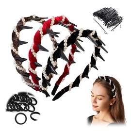 3Pcs Vintage High Cranium Artificial Pearl Hairband, 2025 New Elegant Pearl Headbands with 50 HairClips 20 HairTies, Zig Zag Headband with Teeth Hoop, Decorative Hair Bands for Women Girls