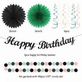 Sage-Green Blush-Pink Black Birthday Party-decorations - 21pcs Girls Woman Happy Banner Garland, Paper Streamers Lanterns,Flower Tissue Pom Poms Fan Supplies,Wall Backdrop Decor Huglony