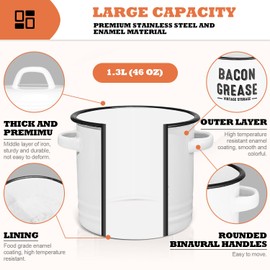 ONEARF Bacon Grease Saver With Strainer - 46OZ Cute Enamel Grease Container With Strainer and Spoon, Functional Farmhouse Bacon Oil Container For Kitchen Storage, Oil Storage Dishwasher Safe-White