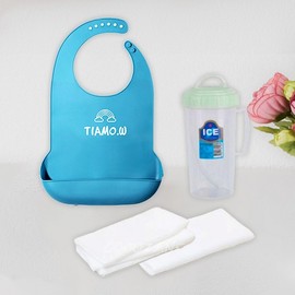 Meal assistance nursing home admission 3-piece set bib cup gauze towel Bib extra large blue + straw cup + handkerchief