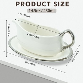 Cheardia 14 oz Gravy Boat with Tray, White Ceramic Sauce Boat with Silver Trim, Ergonomic Handle and Big Dripless Lip Spout for Salad Dressings, Creamer, Broth, Black Pepper