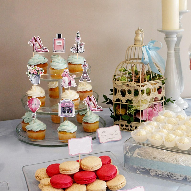 32Pcs Paris Party Cupcake Topper Pick Eiffel Tower Bicycle High