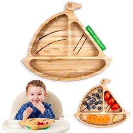 Bamboo Divided Suction Plate Baby - Strong Suction Toddler Plates - Non-Toxic All Natural Eco Friendly Materials - Sail Boat