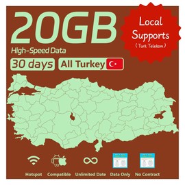 No Roaming Charges in Turkey Turkiye 20GB High-Speed Data and Unlimited Data No Voice/SMS for 30 Days Local Supports(Turk Telekom) No Contract No Certification No Physical Sim Card and Support Hotspot
