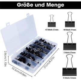 115 Stück Schwarz Foldback Klammern Set, 15 mm/ 19mm/ 25mm/ 32mm Papierklammern in Box, Binder Clips aus metall, Büroklammern Vielzweckklammern für Bürobedarf, Papier und Dokumente(Schwarz)
