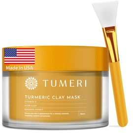 TUMERI Turmeric Vitamin C Clay Mask for Dark Spots – Turmeric Clay Face Mask Skin Care, Deep Cleansing Pores - Improves Uneven Tone, Post-Blemish, Visibly Brighten – 2 oz with Mask Brush Applicator