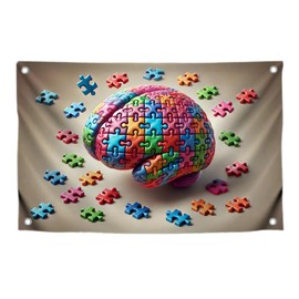 3x5 Ft Polyester Flag with 4 Brass Grommets - Intellectual Single Sided Banner with Multicolored Puzzled for Wall Office Decor - Vivid Illustration of the Human Brain Puzzled Mind Wall Hanging Design