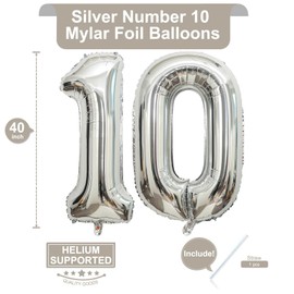 40 Inch Silver 10 Number Balloons Giant 10 Balloons Silver Birthday 10 Balloons 10th Birthday Anniversary Events Party Decorations Supplies