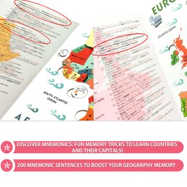 MNEMORY Geography Magnetic World Map Jigsaw Puzzle Book with Mnemonics: Fun Memory Tricks for Learning Countries & Capitals | Educational Tool for Kids and Adults