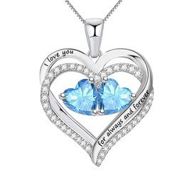 XVX Sterling Silver Heart Necklace with 2 Birthstones for Women “I Love you for always and forever Perfect Valentine Gift Silver-03-03-Mar-Mar