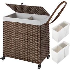Greenstell Laundry Hamper with Wheels, No Install Needed, 110L Divided Handwoven Hampers & 2 Removable Liner Bags, Rattan Clothes Laundry Basket with Lid & Handles, Foldable Hampers Brown 22x13x26.4In
