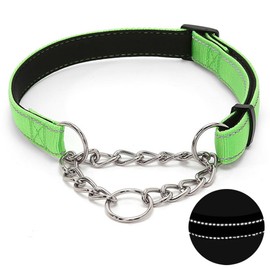 Martingale Dog Collar with Stainless Steel Chain, Adjustable Soft Padded Nylon Reflective Collar, No Pull Heavy Duty Chain Walking Training Colllars for Large, Medium, Small Dogs(Green, 13.0" - 23.6")