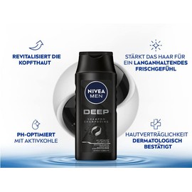 NIVEA MEN Deep Shampoo for Men, Against Oily Hair with Activated Carbon, Revitalising for a Long-Lasting Fresh Feeling, Vegan Hair Shampoo for Deep Cleansing (250 ml)