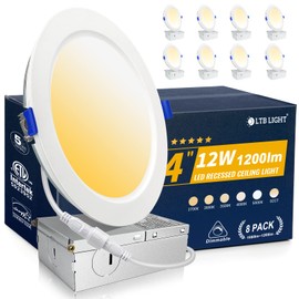 8 Pack 4 inch Recessed Lighting, Ultra-Thin LED Canless Recessed Lighting, Retrofit Dimmable Recessed Lights, 2700K/3000K/3500K/4000K/5000K Selectable,1200LM 12W - ETL & Energy Star Certified