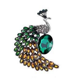 Peacock Brooch for Women, Green Crystal Bird Jewellery in a Gift Bag